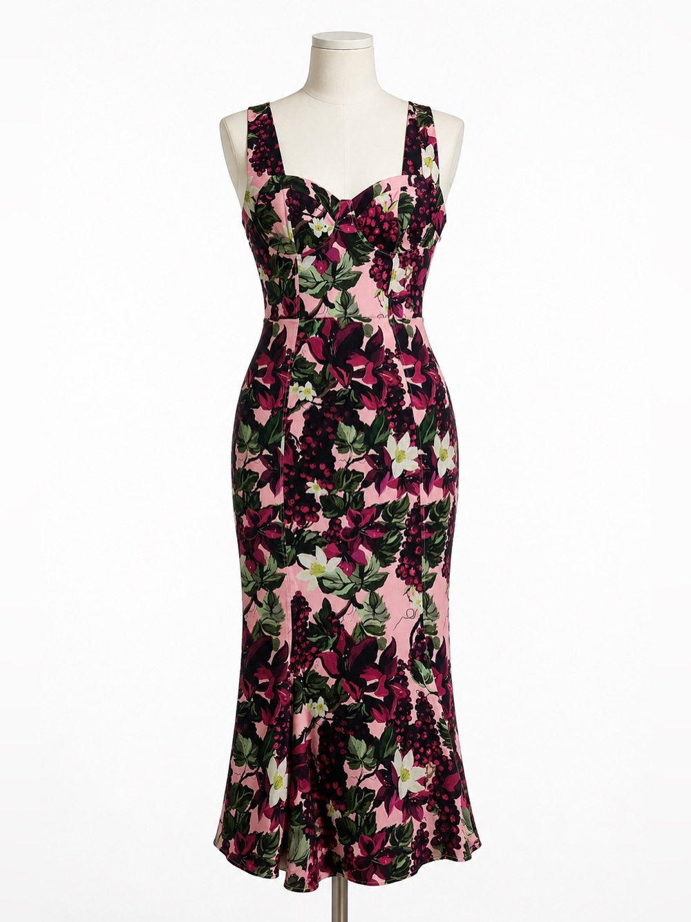 Zara Pink Floral Midi Dress with Burgundy and Green Print